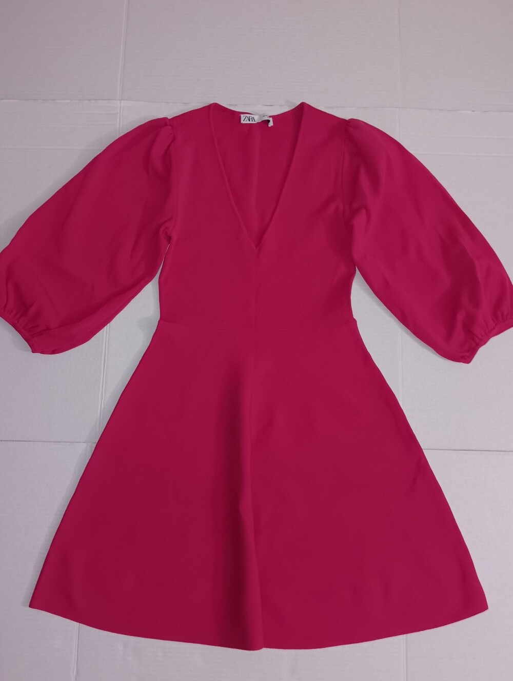 Zara Hot Pink V-Neck Puff Sleeve Mini Dress